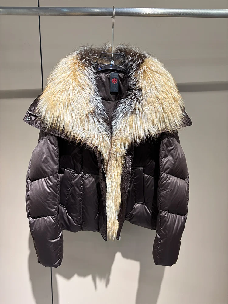 2026 New Winter Warm Women White Goose Down Jacket Real Large Fox Fur Collar Loose Short Puffer Coat Ladies Parka Outerwear
