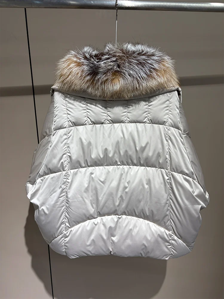2026 New Winter Warm Women White Goose Down Jacket Real Large Fox Fur Collar Loose Short Puffer Coat Ladies Parka Outerwear