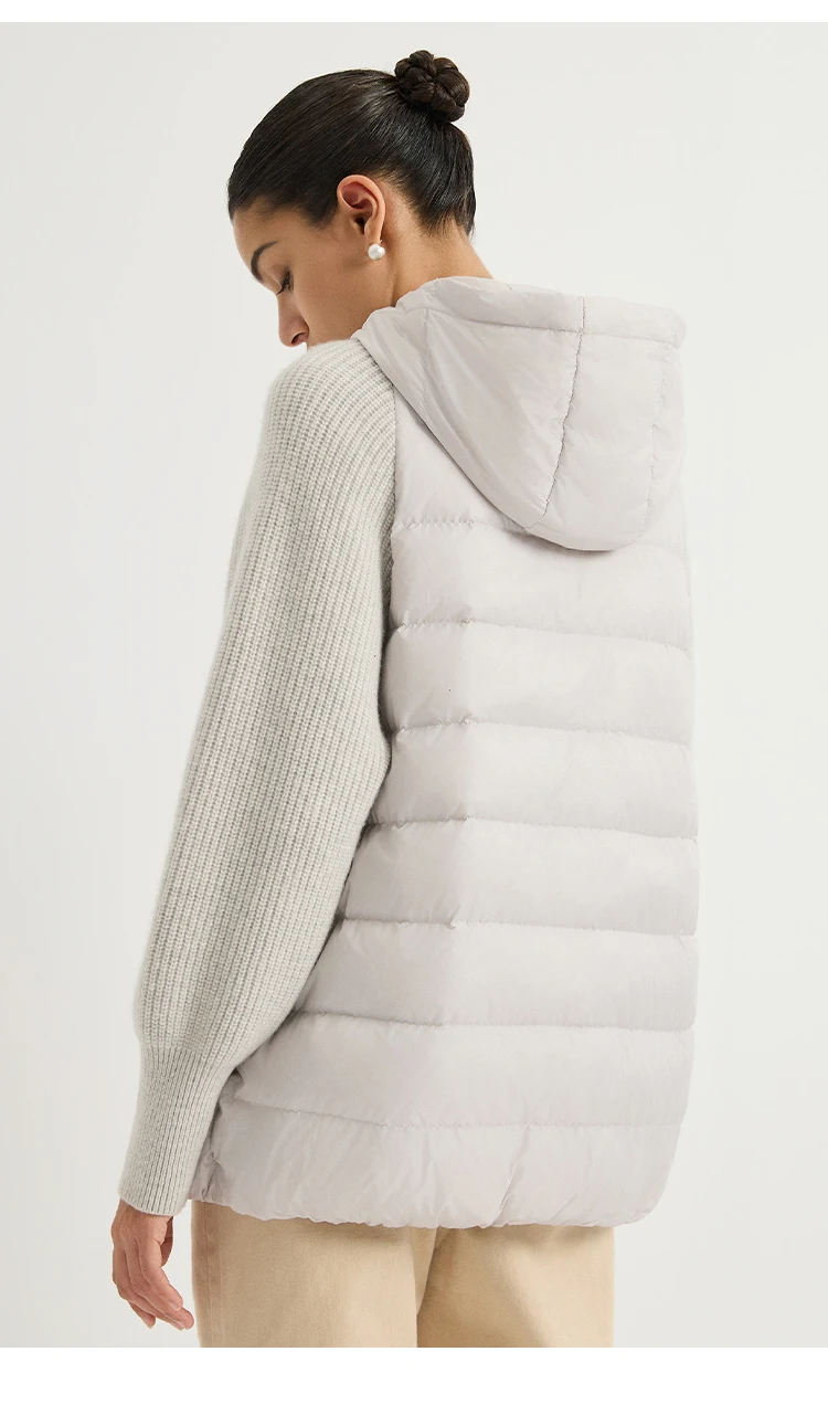 BY4621558 Women's Hooded Quilted Goose Down Jacket Cashmere Knit Sleeves Waffle Knit Chain Zipper Pull Old Money Elegant Winter