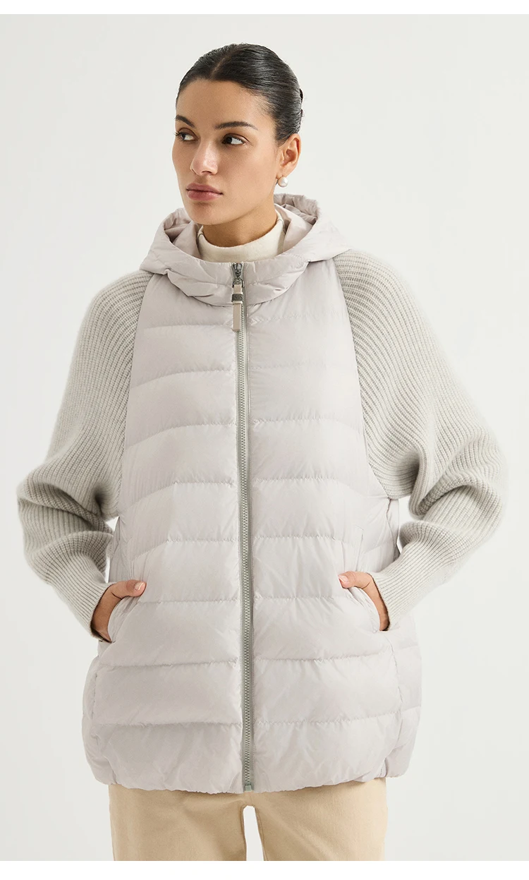 BY4621558 Women's Hooded Quilted Goose Down Jacket Cashmere Knit Sleeves Waffle Knit Chain Zipper Pull Old Money Elegant Winter