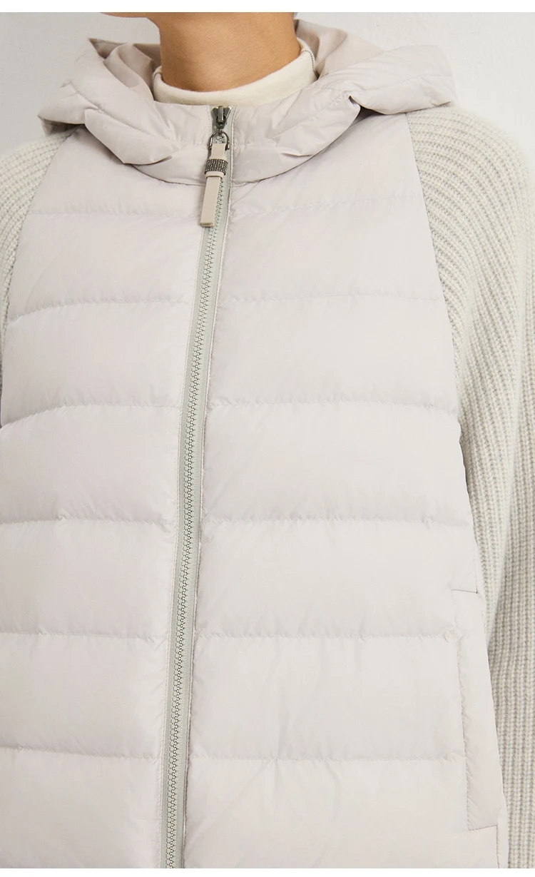 BY4621558 Women's Hooded Quilted Goose Down Jacket Cashmere Knit Sleeves Waffle Knit Chain Zipper Pull Old Money Elegant Winter