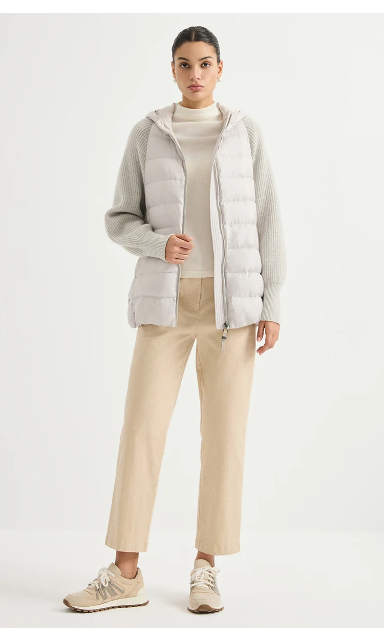 BY4621558 Women's Hooded Quilted Goose Down Jacket Cashmere Knit Sleeves Waffle Knit Chain Zipper Pull Old Money Elegant Winter