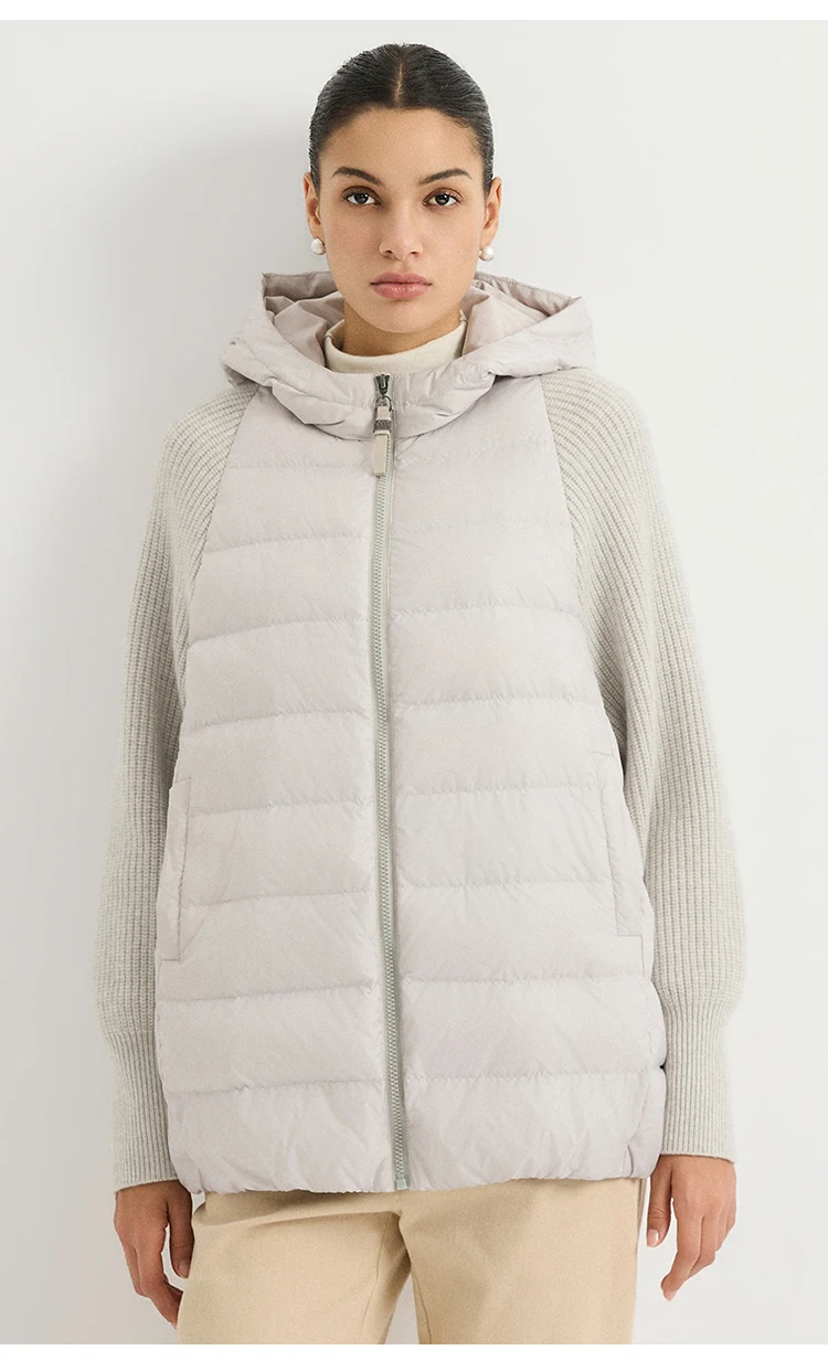 BY4621558 Women's Hooded Quilted Goose Down Jacket Cashmere Knit Sleeves Waffle Knit Chain Zipper Pull Old Money Elegant Winter