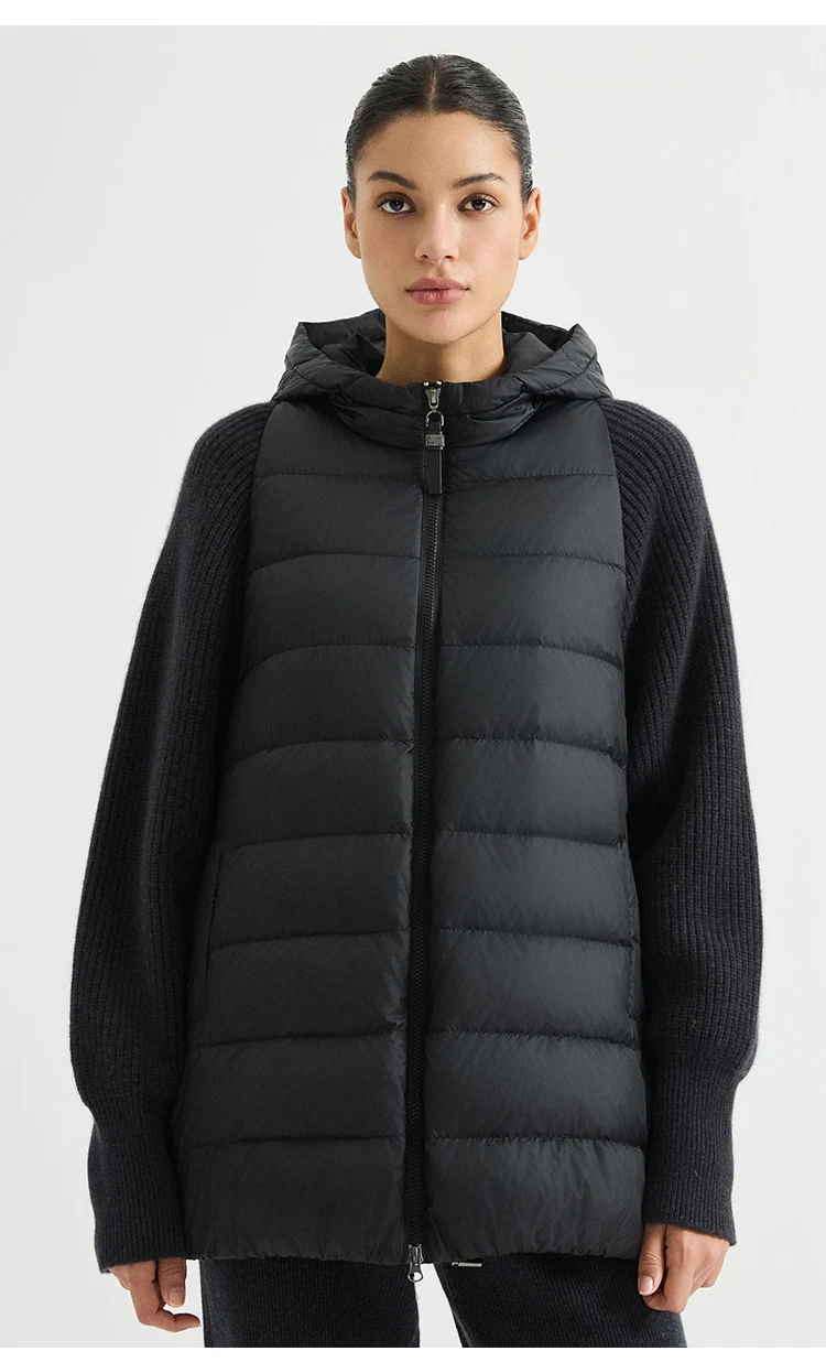 BY4621558 Women's Hooded Quilted Goose Down Jacket Cashmere Knit Sleeves Waffle Knit Chain Zipper Pull Old Money Elegant Winter