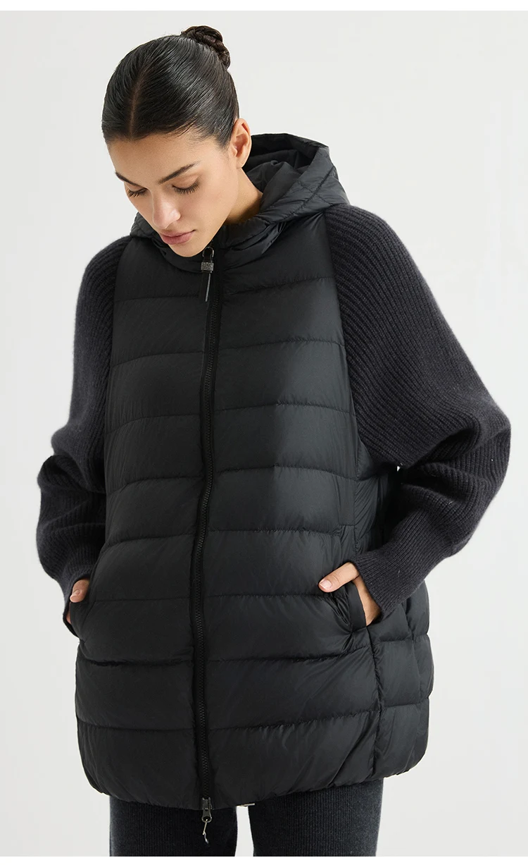 BY4621558 Women's Hooded Quilted Goose Down Jacket Cashmere Knit Sleeves Waffle Knit Chain Zipper Pull Old Money Elegant Winter