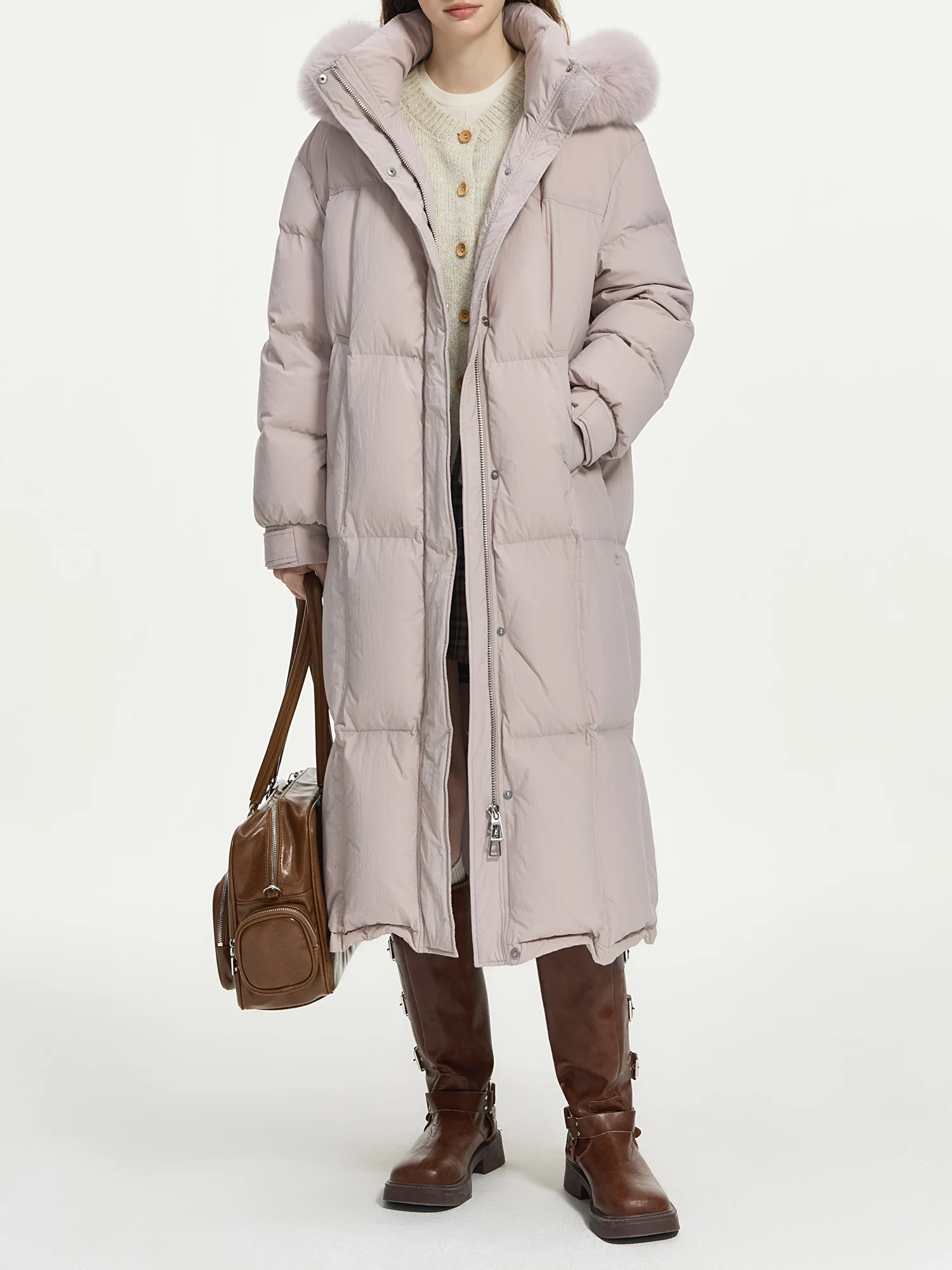 FSLE 207.2G Filling Amount 5 Color Long Down Coat For Women 2024 Winter Fox Fur Collar Hooded Warm Elegant Jacket 24FS14057
