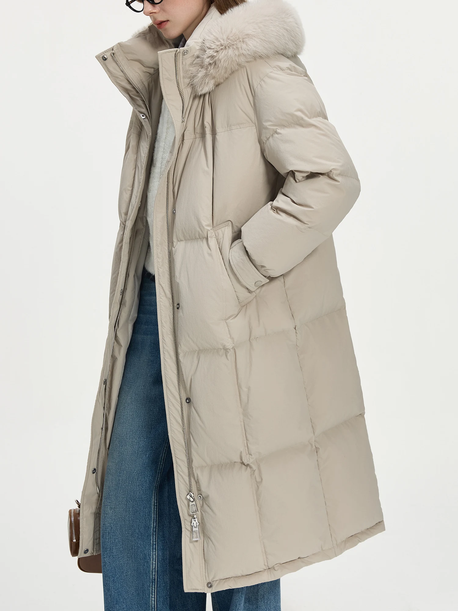 FSLE 207.2G Filling Amount 5 Color Long Down Coat For Women 2024 Winter Fox Fur Collar Hooded Warm Elegant Jacket 24FS14057