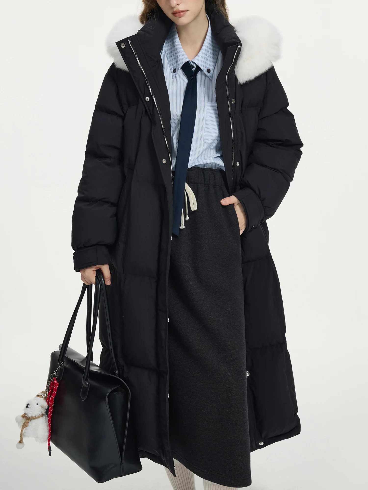 FSLE 207.2G Filling Amount 5 Color Long Down Coat For Women 2024 Winter Fox Fur Collar Hooded Warm Elegant Jacket 24FS14057