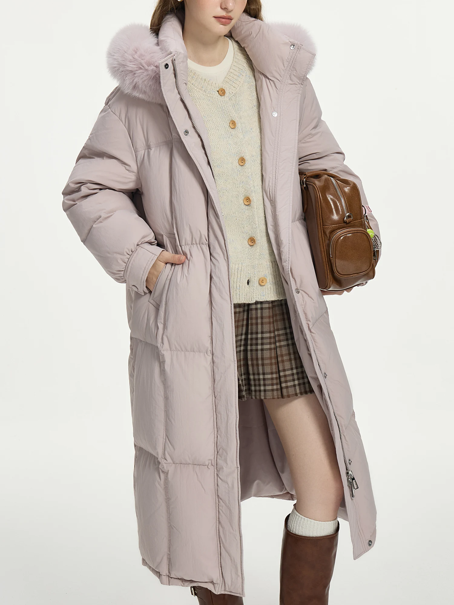 FSLE 207.2G Filling Amount 5 Color Long Down Coat For Women 2024 Winter Fox Fur Collar Hooded Warm Elegant Jacket 24FS14057