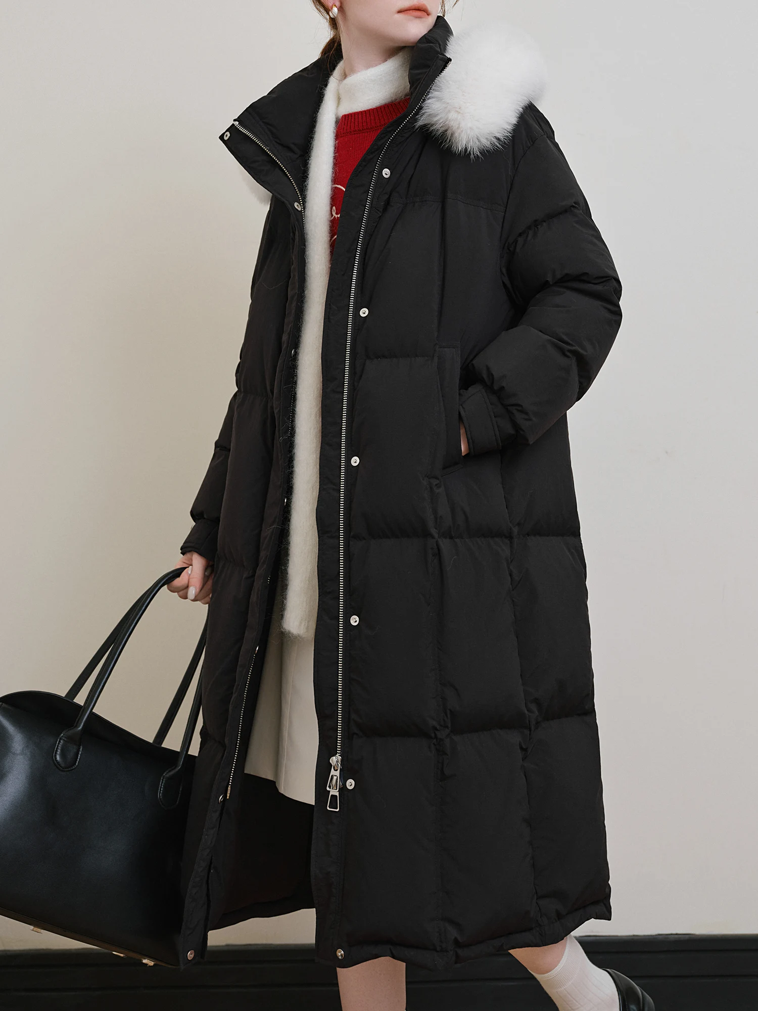 FSLE 207.2G Filling Amount 5 Color Long Down Coat For Women 2024 Winter Fox Fur Collar Hooded Warm Elegant Jacket 24FS14057
