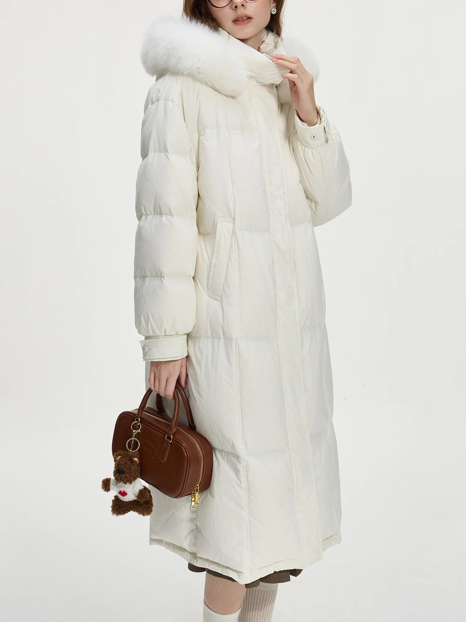 FSLE 207.2G Filling Amount 5 Color Long Down Coat For Women 2024 Winter Fox Fur Collar Hooded Warm Elegant Jacket 24FS14057