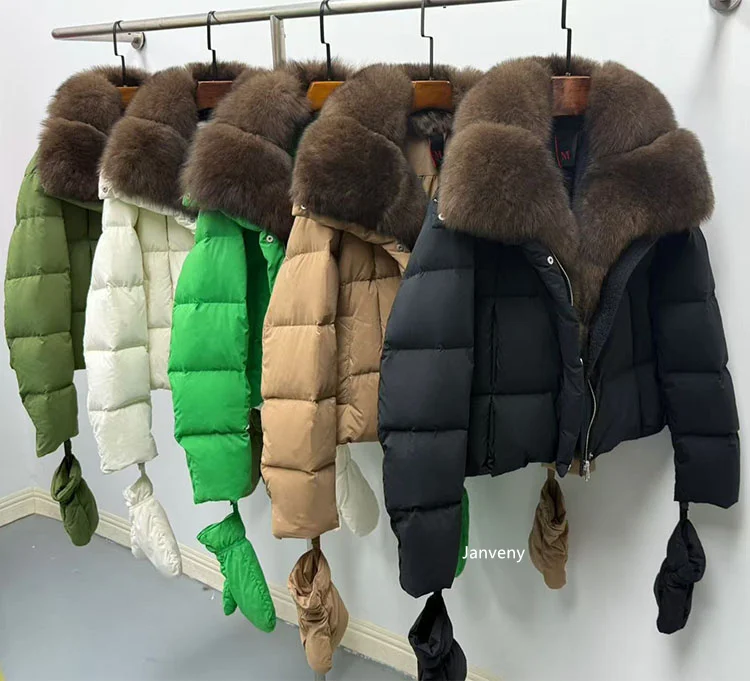 Janveny 2025 Luxury Huge Natural Fox Fur Collar Goose Down Jacket Women Casual Warm Puffer Down Coat With Gloves Parka Outwear
