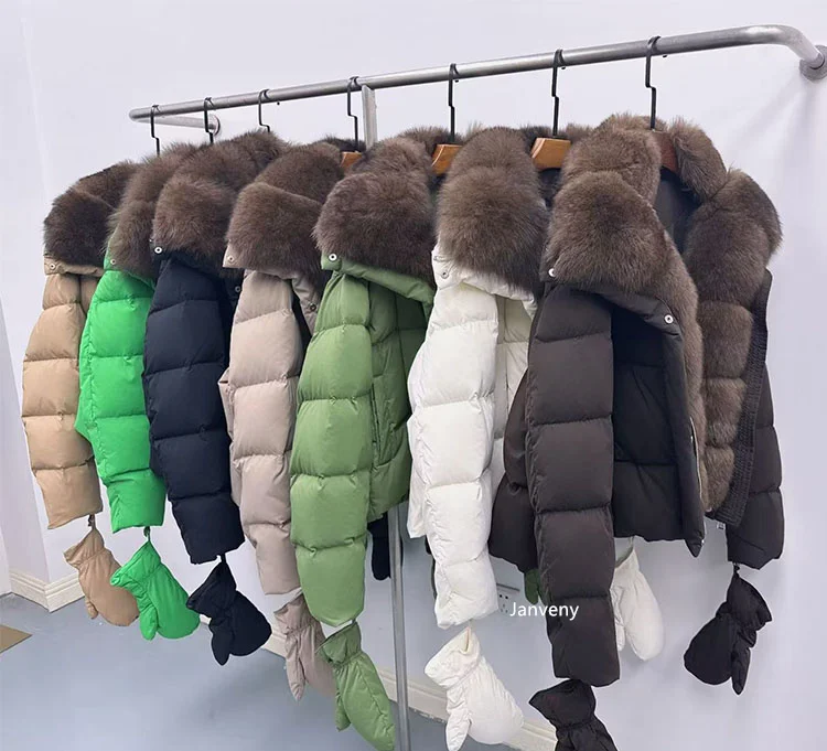 Janveny 2025 Luxury Huge Natural Fox Fur Collar Goose Down Jacket Women Casual Warm Puffer Down Coat With Gloves Parka Outwear
