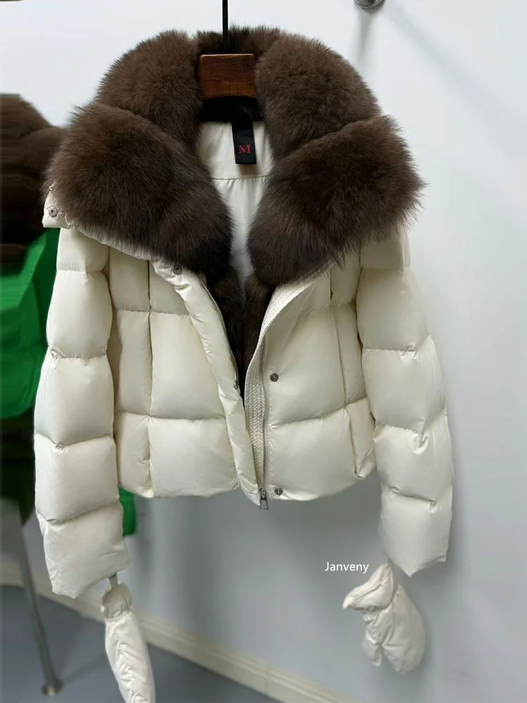 Janveny 2025 Luxury Huge Natural Fox Fur Collar Goose Down Jacket Women Casual Warm Puffer Down Coat With Gloves Parka Outwear