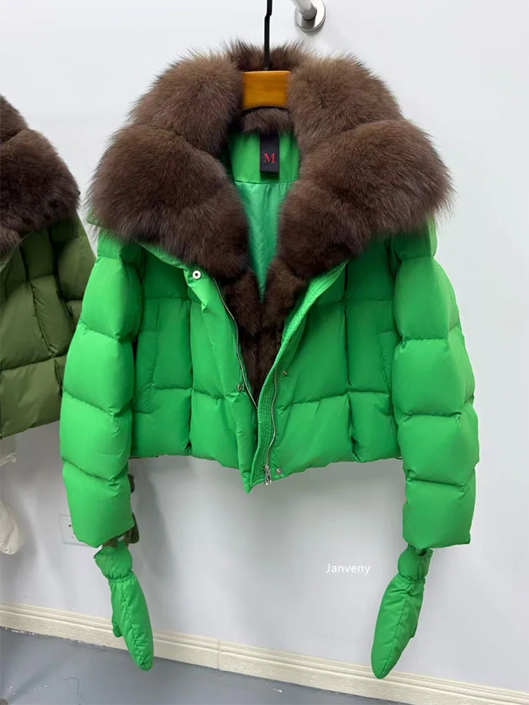 Janveny 2025 Luxury Huge Natural Fox Fur Collar Goose Down Jacket Women Casual Warm Puffer Down Coat With Gloves Parka Outwear