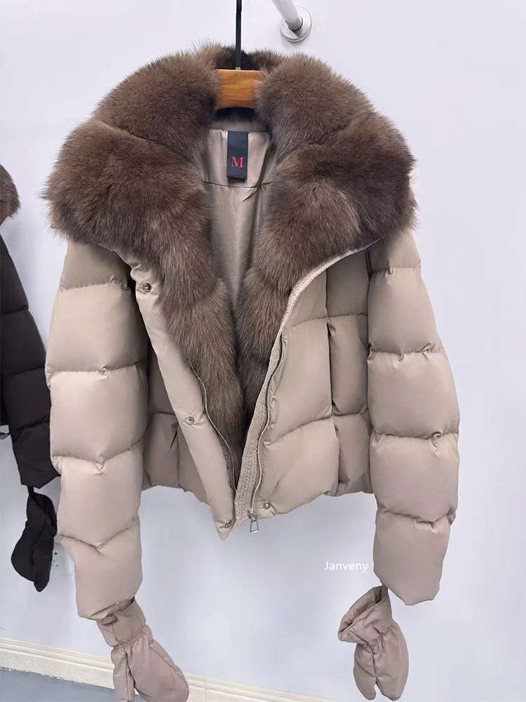Janveny 2025 Luxury Huge Natural Fox Fur Collar Goose Down Jacket Women Casual Warm Puffer Down Coat With Gloves Parka Outwear