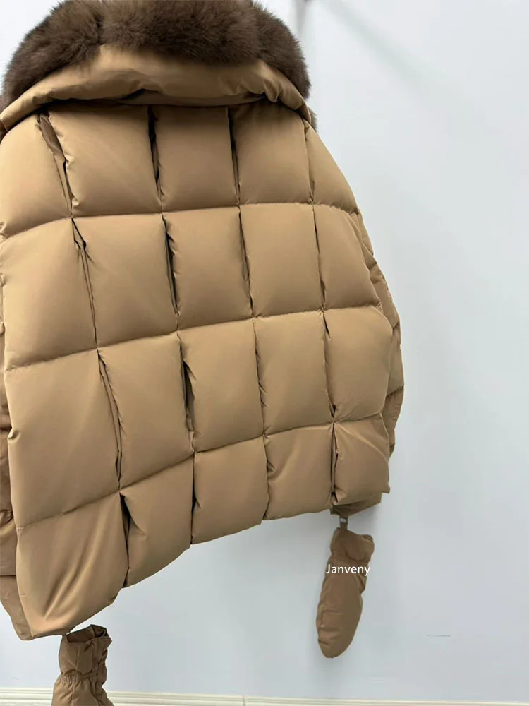 Janveny 2025 Luxury Huge Natural Fox Fur Collar Goose Down Jacket Women Casual Warm Puffer Down Coat With Gloves Parka Outwear