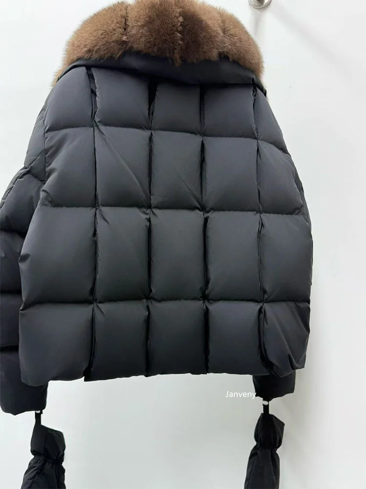 Janveny 2025 Luxury Huge Natural Fox Fur Collar Goose Down Jacket Women Casual Warm Puffer Down Coat With Gloves Parka Outwear