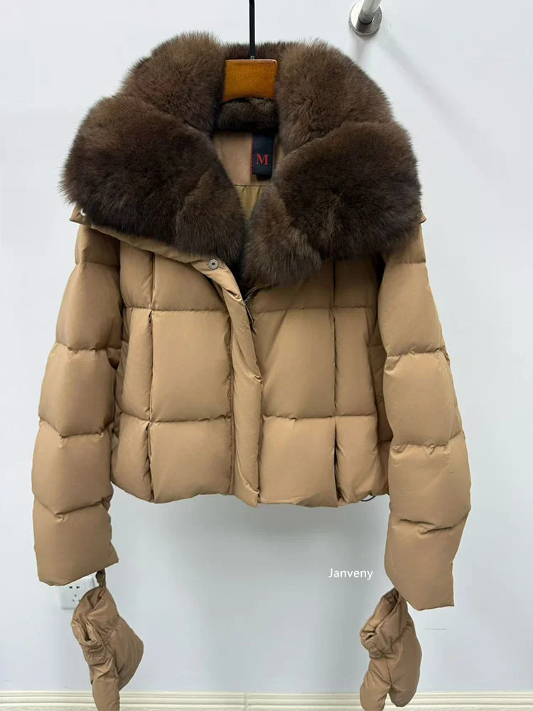 Janveny 2025 Luxury Huge Natural Fox Fur Collar Goose Down Jacket Women Casual Warm Puffer Down Coat With Gloves Parka Outwear