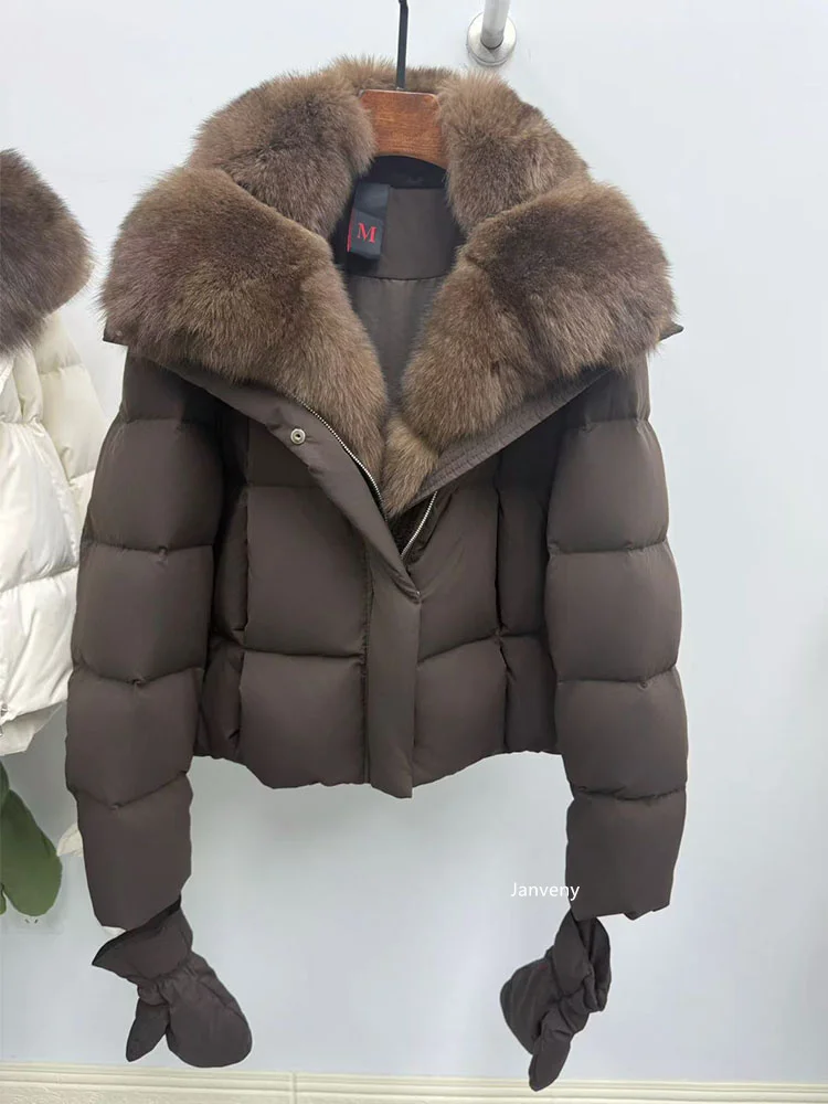 Janveny 2025 Luxury Huge Natural Fox Fur Collar Goose Down Jacket Women Casual Warm Puffer Down Coat With Gloves Parka Outwear