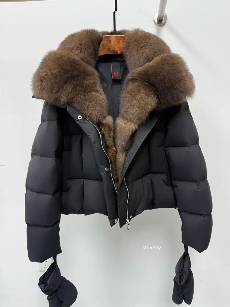 Janveny 2025 Luxury Huge Natural Fox Fur Collar Goose Down Jacket Women Casual Warm Puffer Down Coat With Gloves Parka Outwear