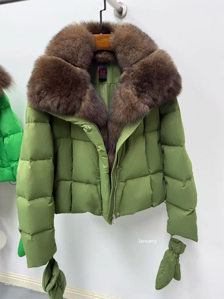 Janveny 2025 Luxury Huge Natural Fox Fur Collar Goose Down Jacket Women Casual Warm Puffer Down Coat With Gloves Parka Outwear