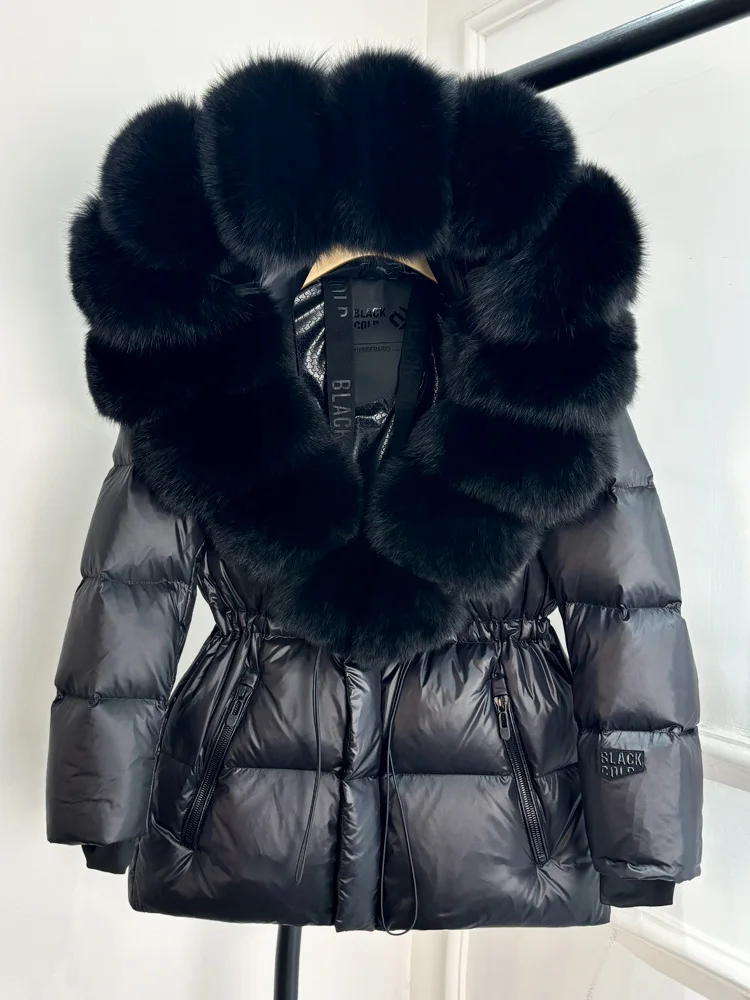 Lagabogy 2025 Real Fox Fur Collar Winter Women Hooded Puffer Jacket 90% White Goose Down Coat Female Thick Waterproof Outerwear
