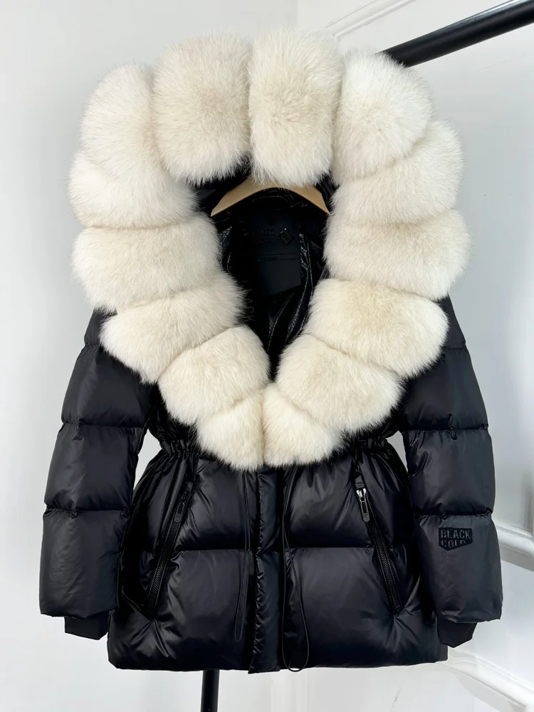 Lagabogy 2025 Real Fox Fur Collar Winter Women Hooded Puffer Jacket 90% White Goose Down Coat Female Thick Waterproof Outerwear