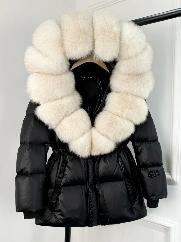 Lagabogy 2025 Real Fox Fur Collar Winter Women Hooded Puffer Jacket 90% White Goose Down Coat Female Thick Waterproof Outerwear