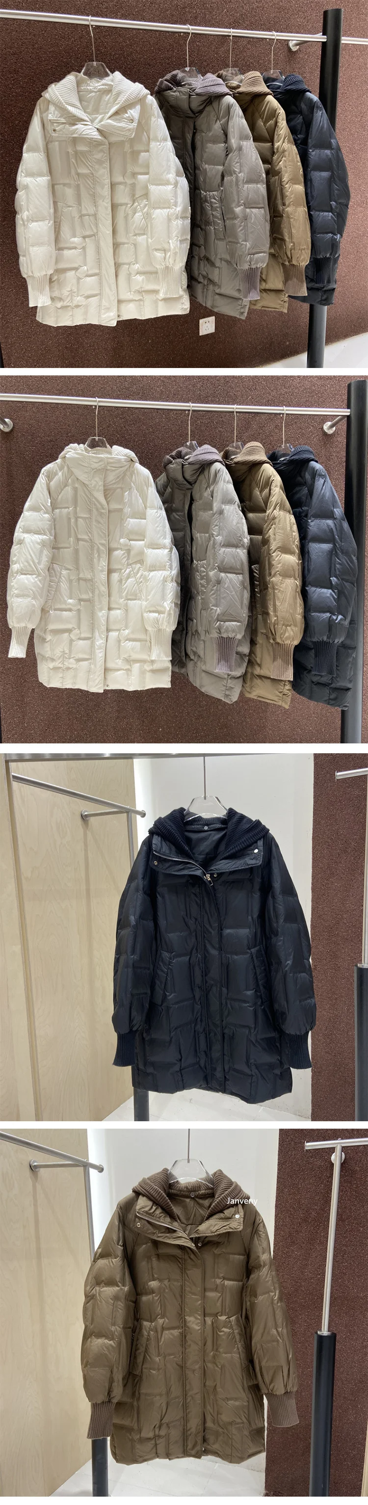 Janveny 2025 New Winter Long White Duck Down Jacket Women Casual Loose Fit Warm Parkas Knitted Hat Detachable Puffer Down Coat