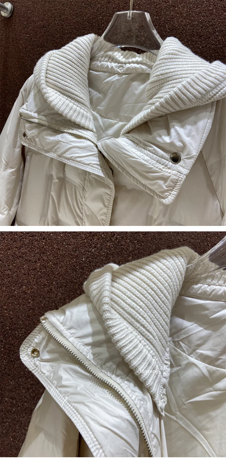 Janveny 2025 New Winter Long White Duck Down Jacket Women Casual Loose Fit Warm Parkas Knitted Hat Detachable Puffer Down Coat