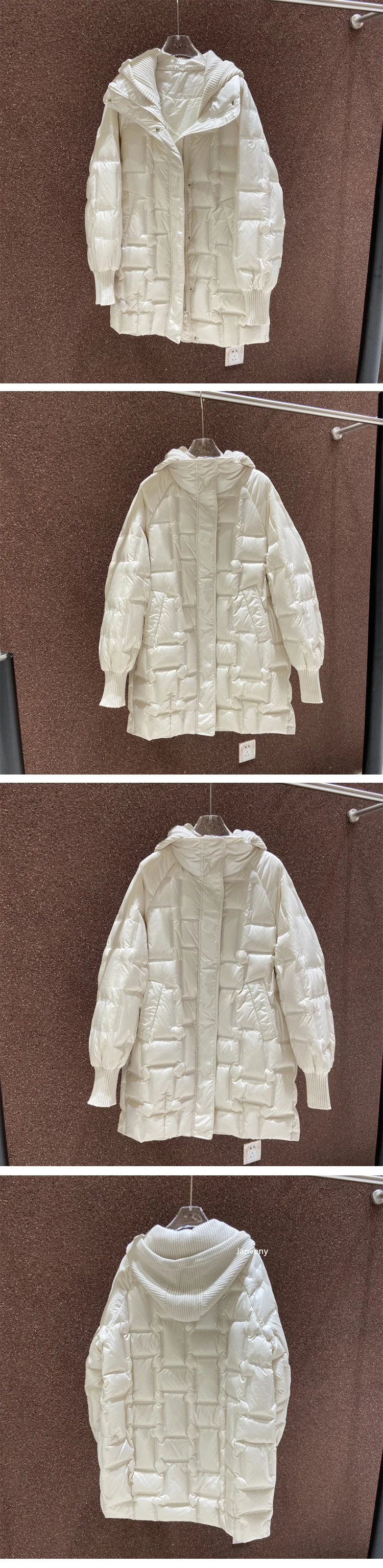 Janveny 2025 New Winter Long White Duck Down Jacket Women Casual Loose Fit Warm Parkas Knitted Hat Detachable Puffer Down Coat