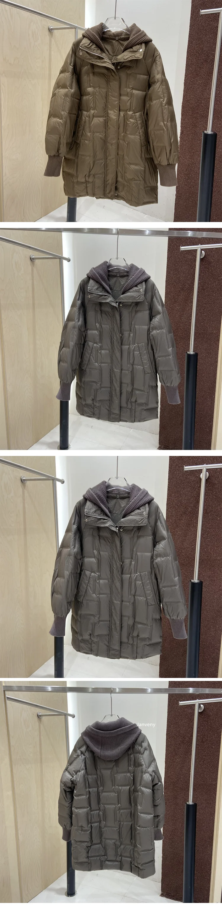 Janveny 2025 New Winter Long White Duck Down Jacket Women Casual Loose Fit Warm Parkas Knitted Hat Detachable Puffer Down Coat
