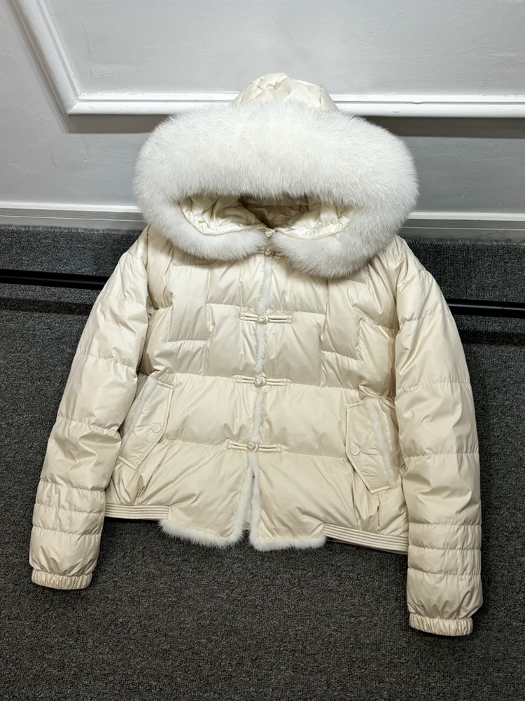 Lagabogy 2025 Winter Women White Duck Down Jacket Real Fox Mink Fur Collar Female Short Warm Puffer Coat Vintage Hooded Parkas
