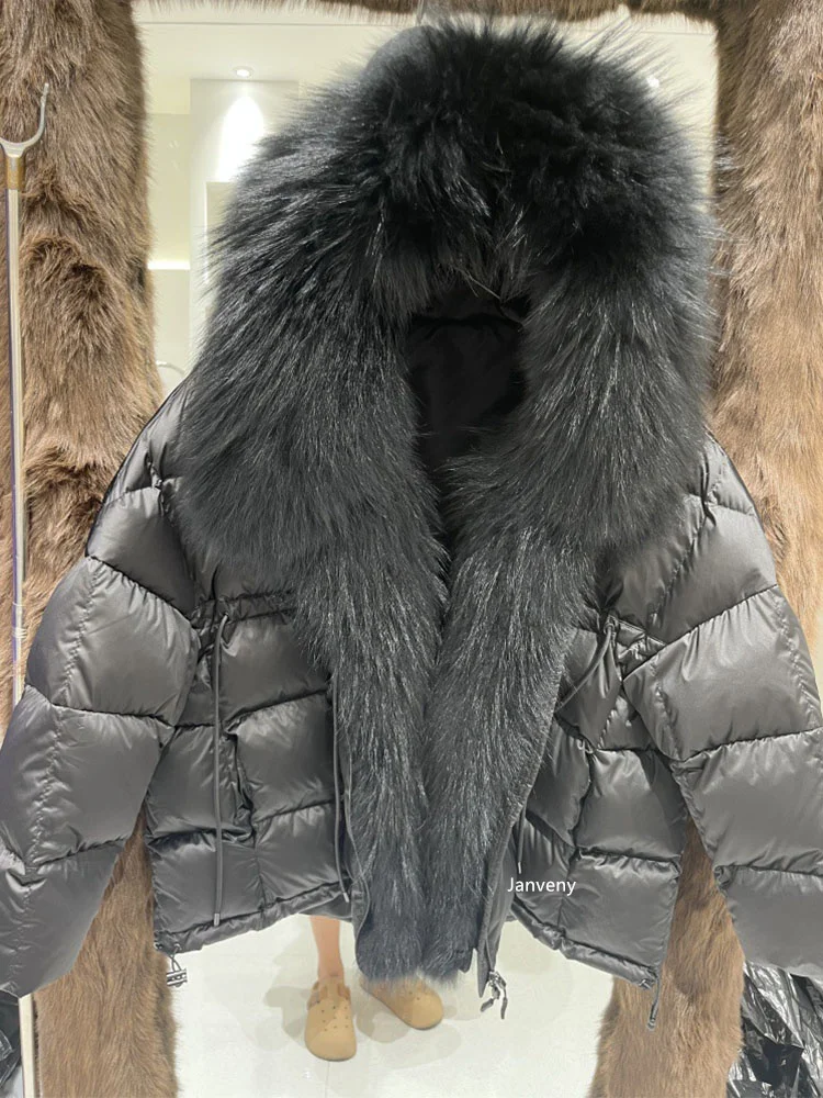 Janveny 2026 New Oversized Raccoon Fur Collar Winter Puffer Hooded Jacket Women Thick Warm White Duck Down Coat Waterproof Parka