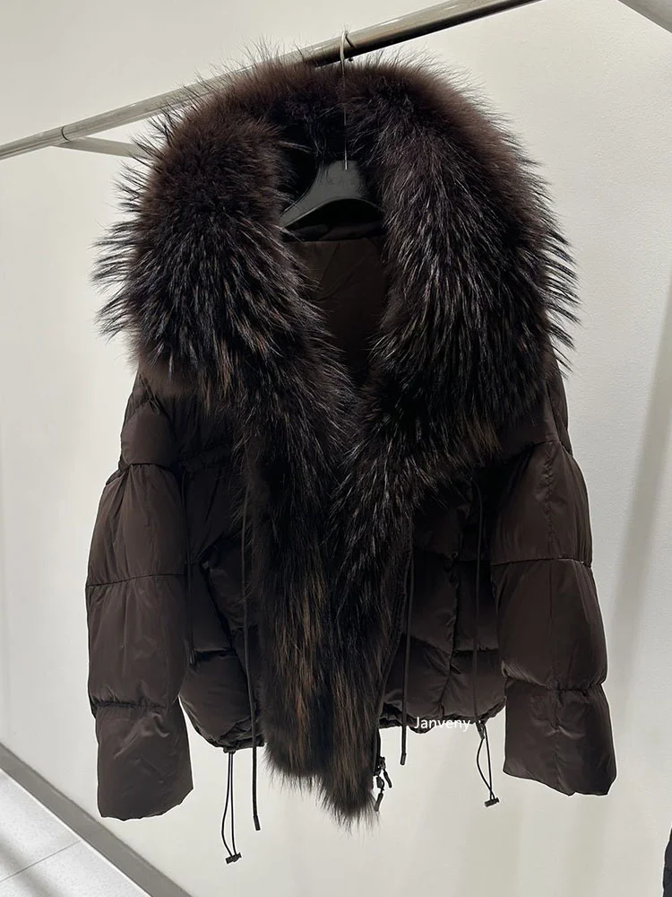 Janveny 2026 New Oversized Raccoon Fur Collar Winter Puffer Hooded Jacket Women Thick Warm White Duck Down Coat Waterproof Parka