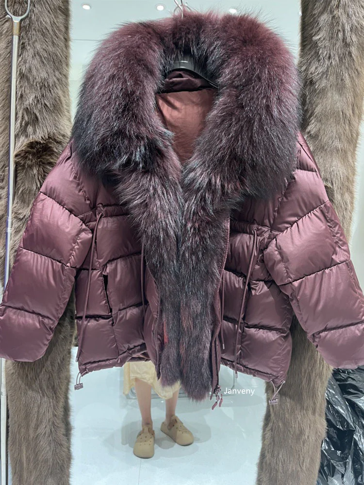 Janveny 2026 New Oversized Raccoon Fur Collar Winter Puffer Hooded Jacket Women Thick Warm White Duck Down Coat Waterproof Parka