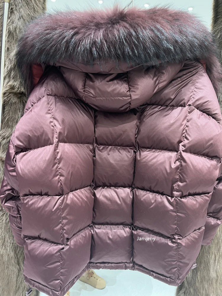 Janveny 2026 New Oversized Raccoon Fur Collar Winter Puffer Hooded Jacket Women Thick Warm White Duck Down Coat Waterproof Parka