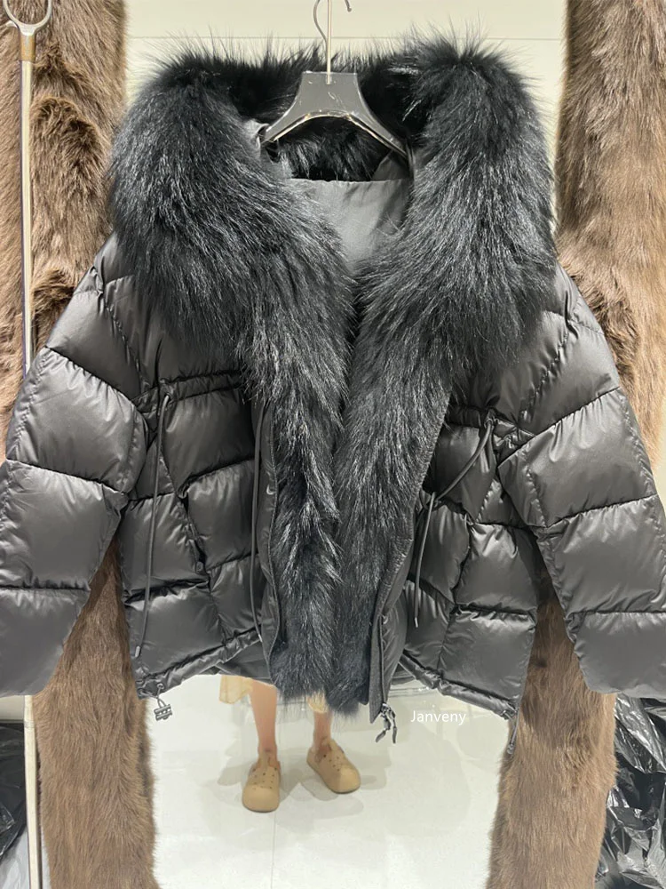 Janveny 2026 New Oversized Raccoon Fur Collar Winter Puffer Hooded Jacket Women Thick Warm White Duck Down Coat Waterproof Parka