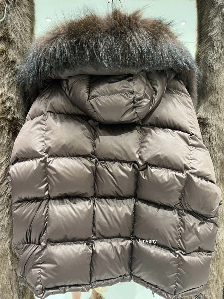 Janveny 2026 New Oversized Raccoon Fur Collar Winter Puffer Hooded Jacket Women Thick Warm White Duck Down Coat Waterproof Parka