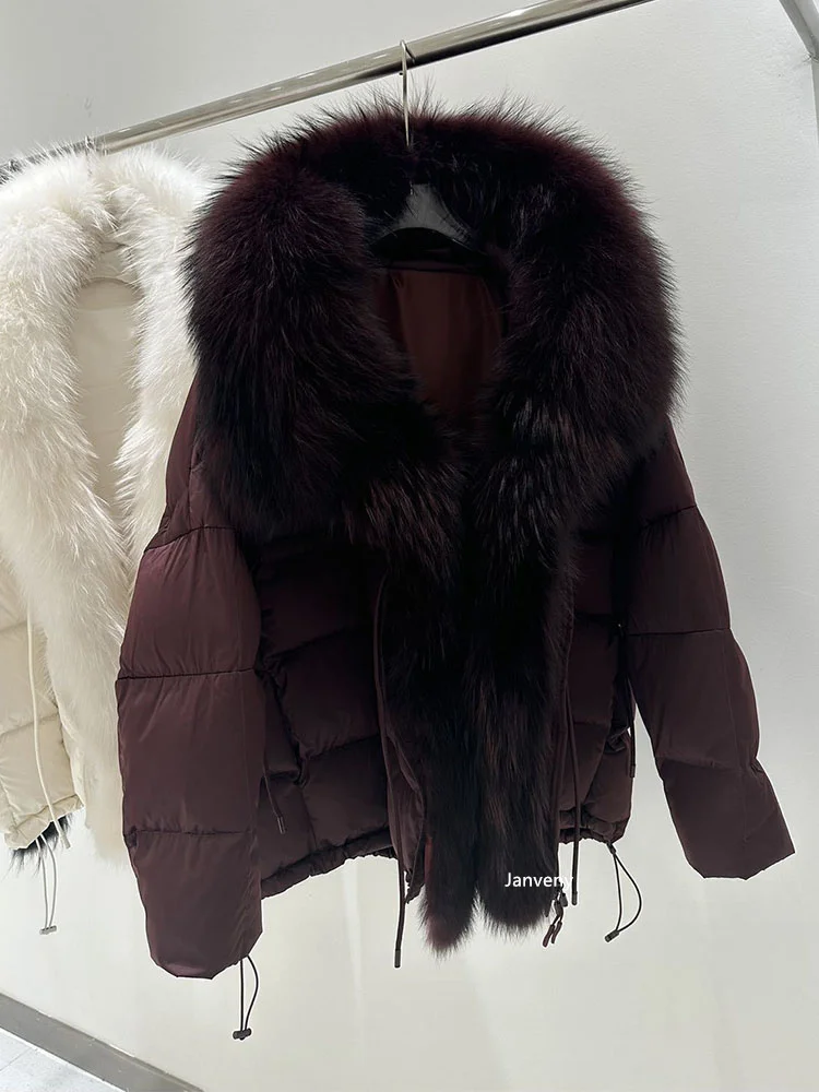 Janveny 2026 New Oversized Raccoon Fur Collar Winter Puffer Hooded Jacket Women Thick Warm White Duck Down Coat Waterproof Parka