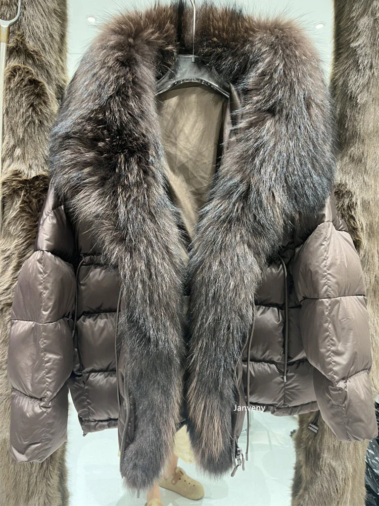 Janveny 2026 New Oversized Raccoon Fur Collar Winter Puffer Hooded Jacket Women Thick Warm White Duck Down Coat Waterproof Parka
