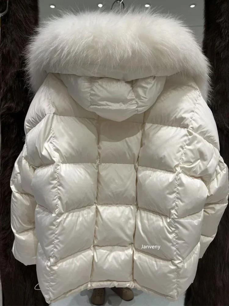 Janveny 2026 New Oversized Raccoon Fur Collar Winter Puffer Hooded Jacket Women Thick Warm White Duck Down Coat Waterproof Parka