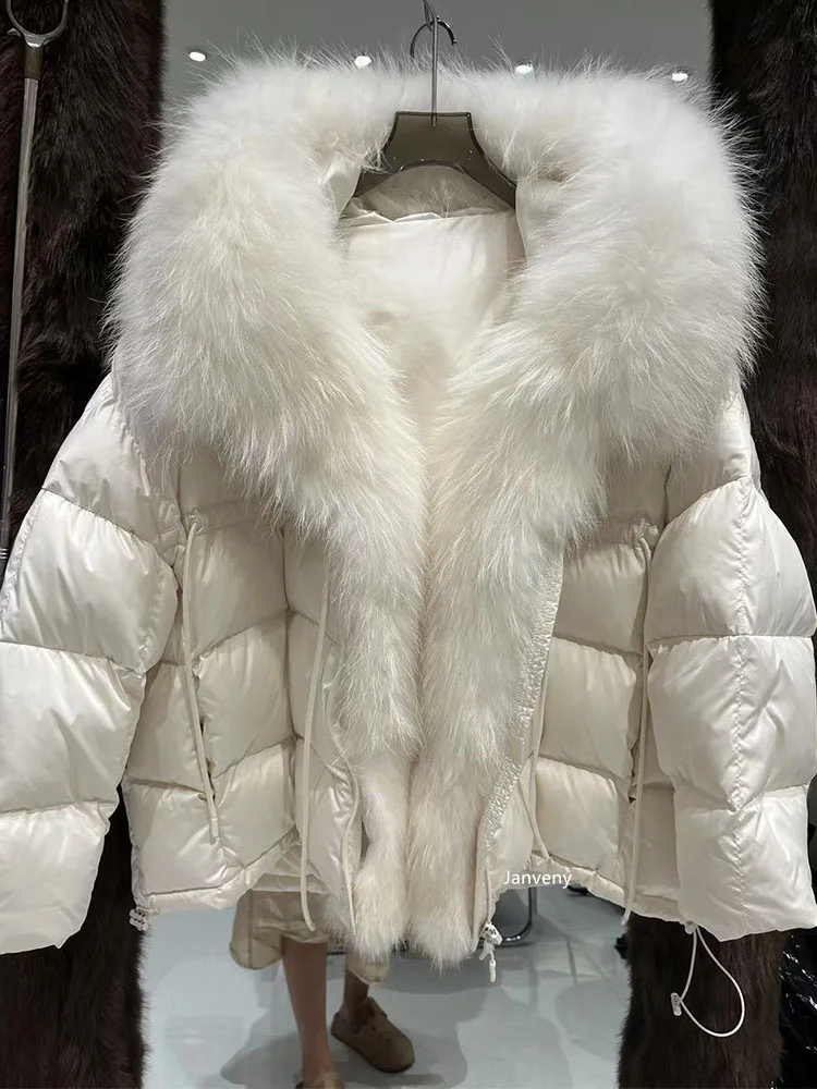 Janveny 2026 New Oversized Raccoon Fur Collar Winter Puffer Hooded Jacket Women Thick Warm White Duck Down Coat Waterproof Parka
