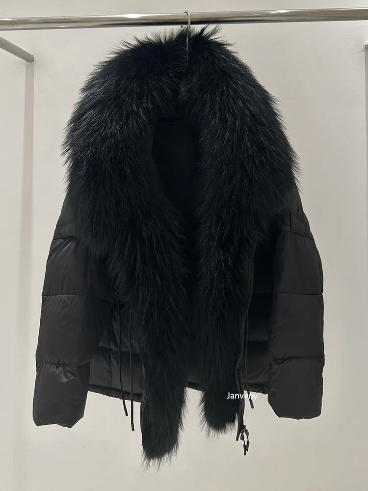 Janveny 2026 New Oversized Raccoon Fur Collar Winter Puffer Hooded Jacket Women Thick Warm White Duck Down Coat Waterproof Parka