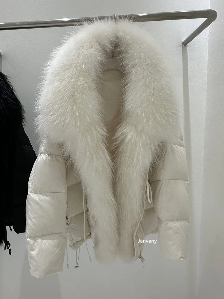 Janveny 2026 New Oversized Raccoon Fur Collar Winter Puffer Hooded Jacket Women Thick Warm White Duck Down Coat Waterproof Parka