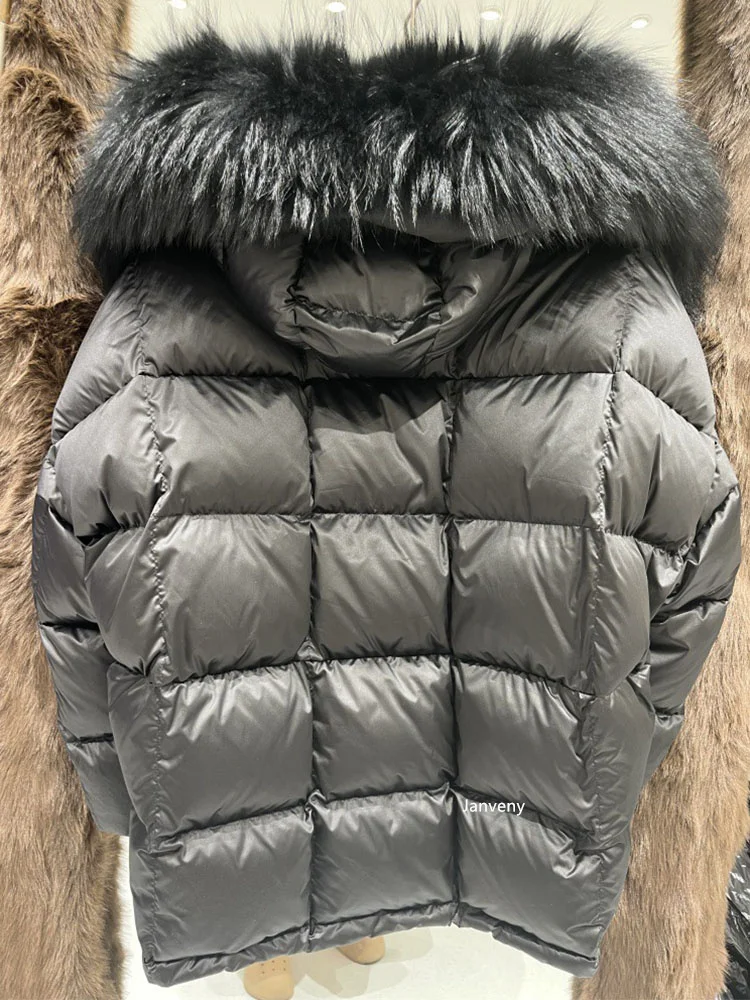 Janveny 2026 New Oversized Raccoon Fur Collar Winter Puffer Hooded Jacket Women Thick Warm White Duck Down Coat Waterproof Parka