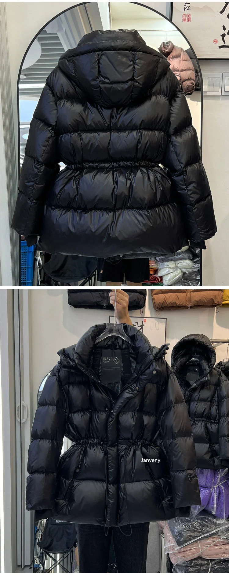 Janveny 2025 New Winter High Waisted 90% White Duck Down Coat Women Hooded Loose Thickened Warm Black Extreme Cold Puffer Jacket