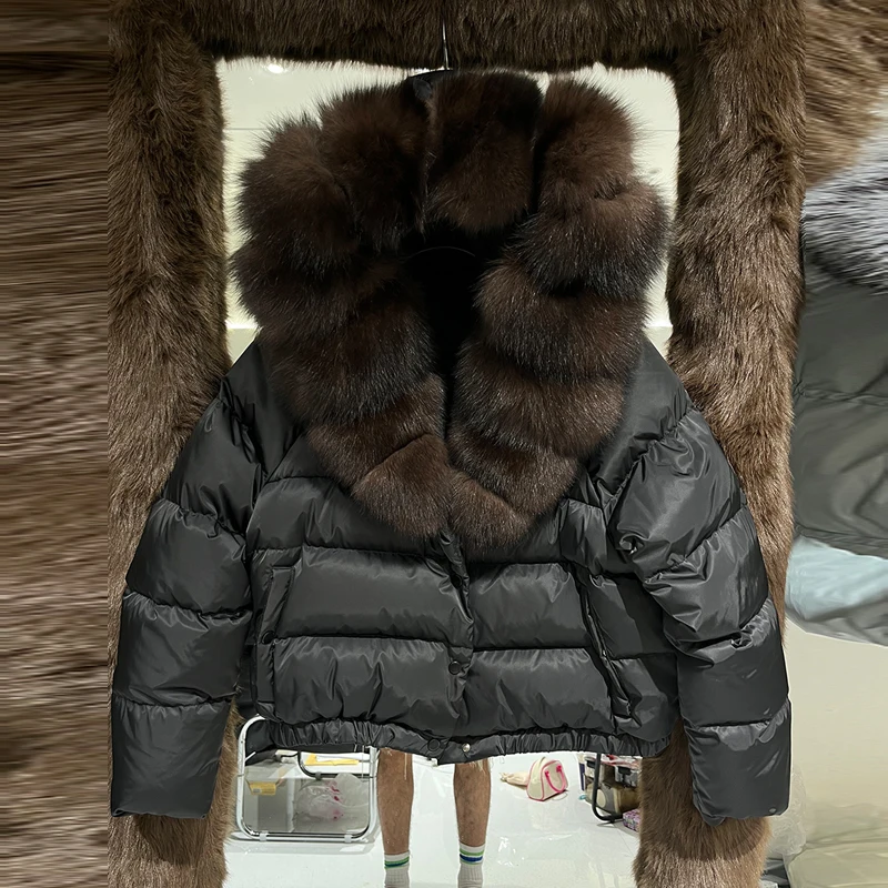 Janveny Natural Real Fox Fur Hooded Short Puffer Jacket Women 2025 Winter 90% White Duck Down Coat Female Parkas Outwear