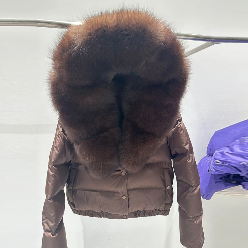 Janveny Natural Real Fox Fur Hooded Short Puffer Jacket Women 2025 Winter 90% White Duck Down Coat Female Parkas Outwear